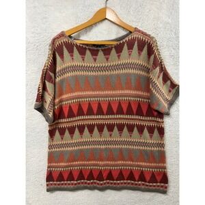 CHAPS Womens 1X Geometric Print Short Sleeve Knit Sweater Red Tan Grey